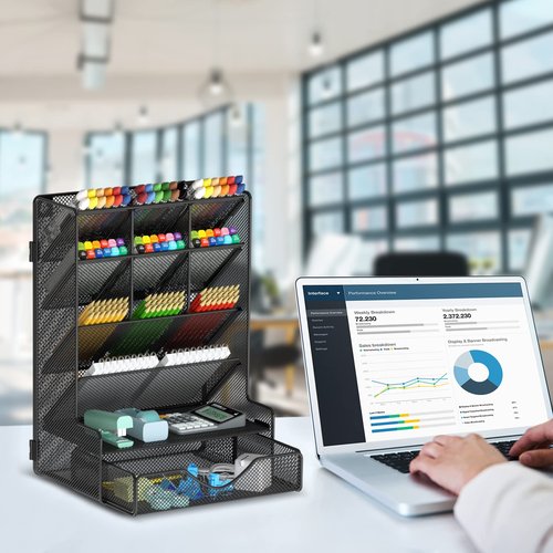 Pen Organizer for Desk, Multi-Functional Desk Organizer, Wall Mount Pen Holder with Drawer for School, Office, Home, Art Supplies, Black