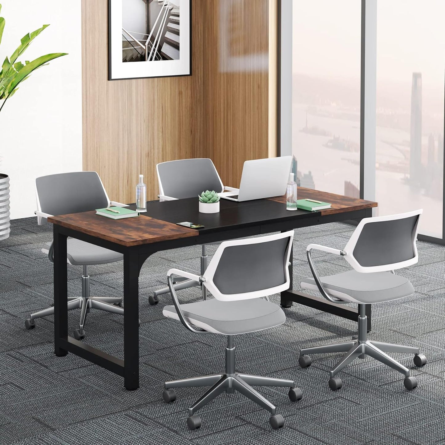 Tribesigns Conference Table - 63" W x 31.5" D Rustic Brown/Black Boardroom Desk for Office Meetings