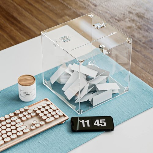 MaxGear Acrylic Donation Box, 9.8" x 9.8" x 9.8" Square Suggestion Box with Lock, Large Comment Case for Fundraising, Donating, Bar, School, 1 Pack