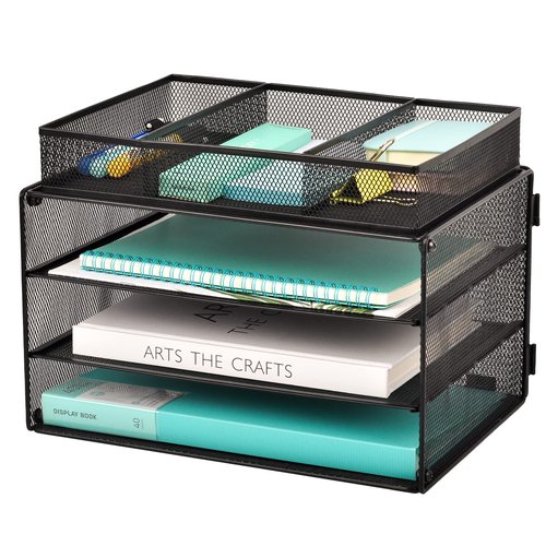 EASEPRES Paper Organizer Tray, 3 Tier Mesh Desk File Organizer Letter Sorter Holder with Drawer for Home Office, Black
