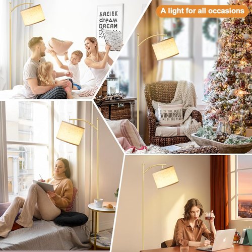 Ambimall 60" Adjustable Floor Lamp - Remote Control, Color Temperature & Brightness Options, Beige Shade & Gold Pole