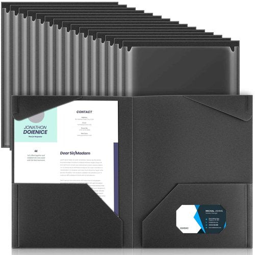 Henoyso 36 Pcs Plastic Folders with Clear Front Pockets Heavy Duty File Folders with 2 Pockets and Card Slot for Student Communication School Office Presentation Report (Black)