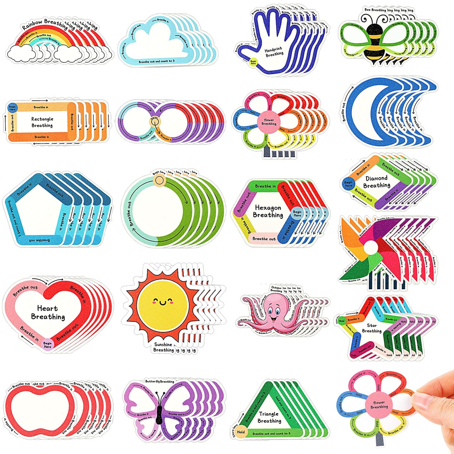 Crtiin 100 Pcs Sensory Strips Anxiety Mindfulness Stickers Stress Breathing Sensory Sticker Different Textures Rough Tactile Tape for Mental Health Adults Desk Anxiety Relief(Cute)