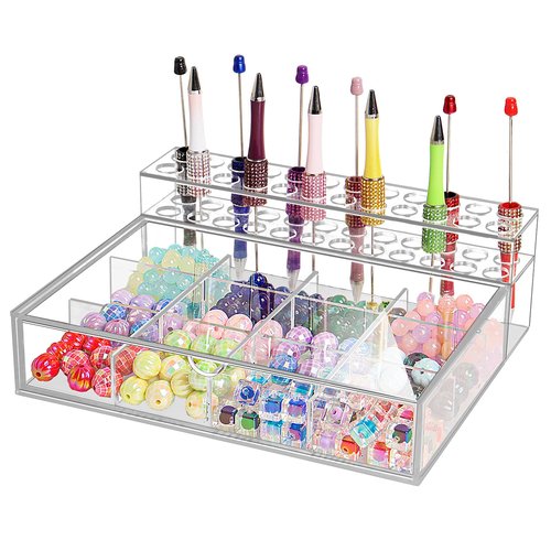 SBYURE Acrylic Pen Holder Beadable Pen Display Stand with 24-Slots Pen Display Stand 12 Grid Organizer Box Pen Holder Pencil Display Stand for Home Office Desk School Supplies