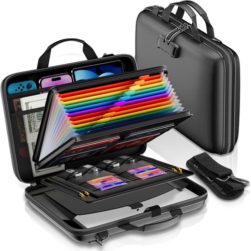 Fireproof Document Organizer - Hard-Shell Case with Lock & Shoulder Strap | Portable 13-Pocket File Folder - Black