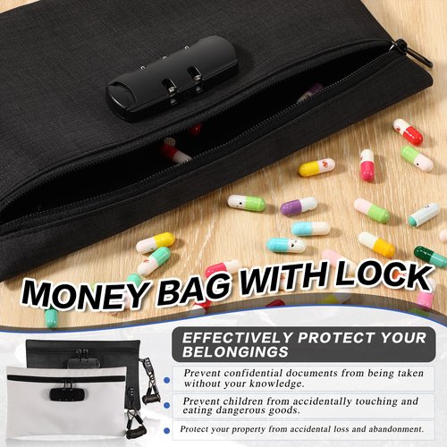 Sanwuta 2 Pack Money Bag with Lock Small Locking Money Bag for Beach Cash Wallet, 6.7 x 11 Inch(Black, White)