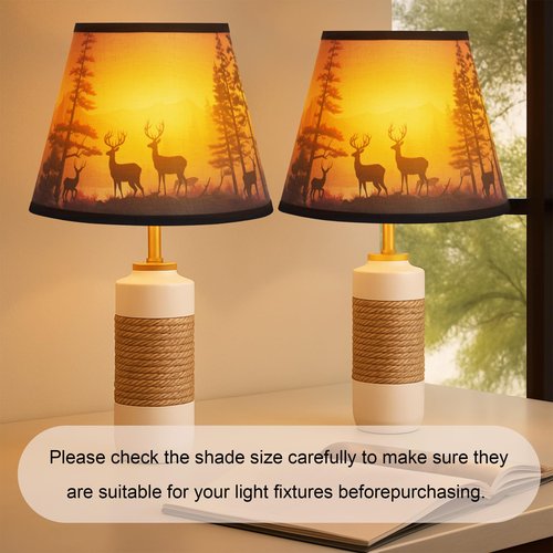 Small Lamp Shades Set of 2, Deer Lamp Shades for Table Lamps 7.5" Top x 11.8" Bottom x 9.5" High, Fabric Lampshade Replacement for Bedside Lamp, Wall Sconces, Spider Fitter, Clip on Adapters
