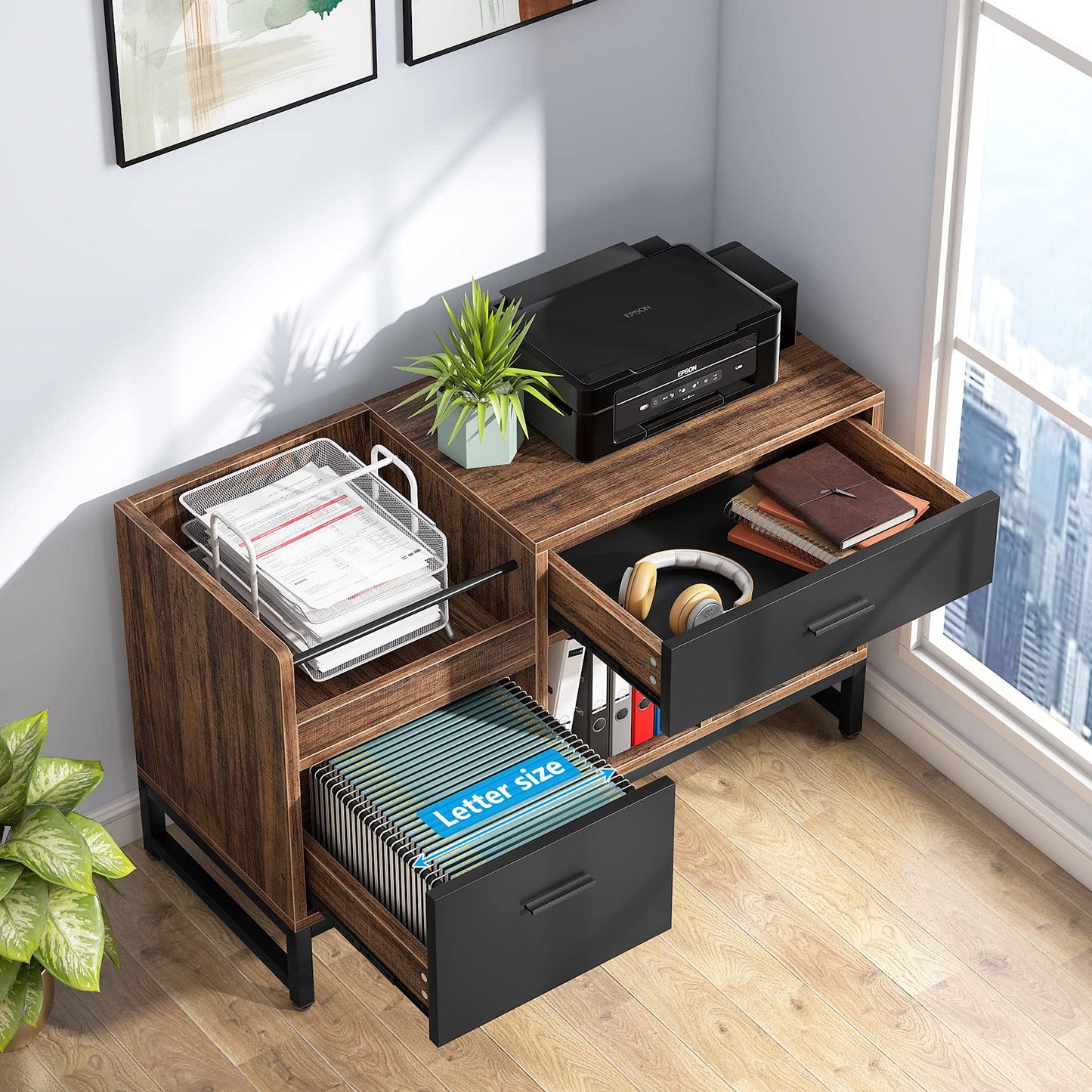 LITTLE TREE 39-Inch File Cabinet with 2 Drawers, Small Lateral Filing Cabinet Under Desk Storage, Wood Printer Stand with Open Storage Shelves for Home Office Organization