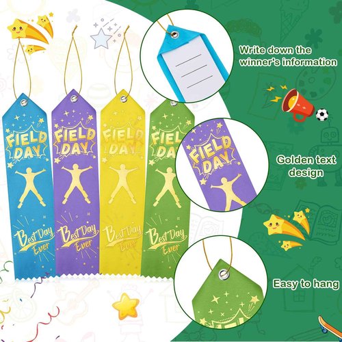 Berlune 200 Pcs Field Day Ribbons Bulk Best Day Ever Award Ribbon Participation Ribbon Honorable Mention Prize Ribbons with Event Card and Rope for Competition Sports Event Contest