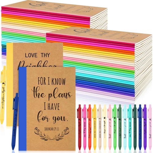 Resurhang 60 Sets Christmas Christian Notebook and Pen Thanksgiving Gift Set Bulk A5 Composition Journal Bible Verse Pen Religious Lined Notepad Scripture Notepad for Teacher Church Sunday (Rainbow)