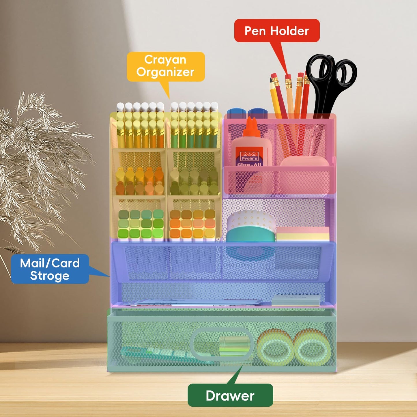 ReePlan Mesh Pen Organizer for Desk - Multi-Functional Pencil Holder with Drawer Desk Organizers, Large Capacity Storage for School Office Home Supplies (Purple)