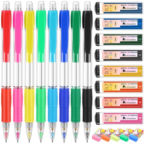 Affrolling 21 Pcs 0.7mm Color Mechanical Pencil Set Include Color Mechanical Pencil Refills Erasers Stationery Supplies for Writing, Drawing and Sketching School Office Students(Transparent)