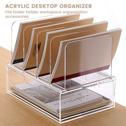 DINGHUO Acrylic Desk Organizer, 4 Sections Upright Sorter Desk Accessories Paper File Organizer with Drawer Letter Tray, Clear Office Supplies - 1 Pack