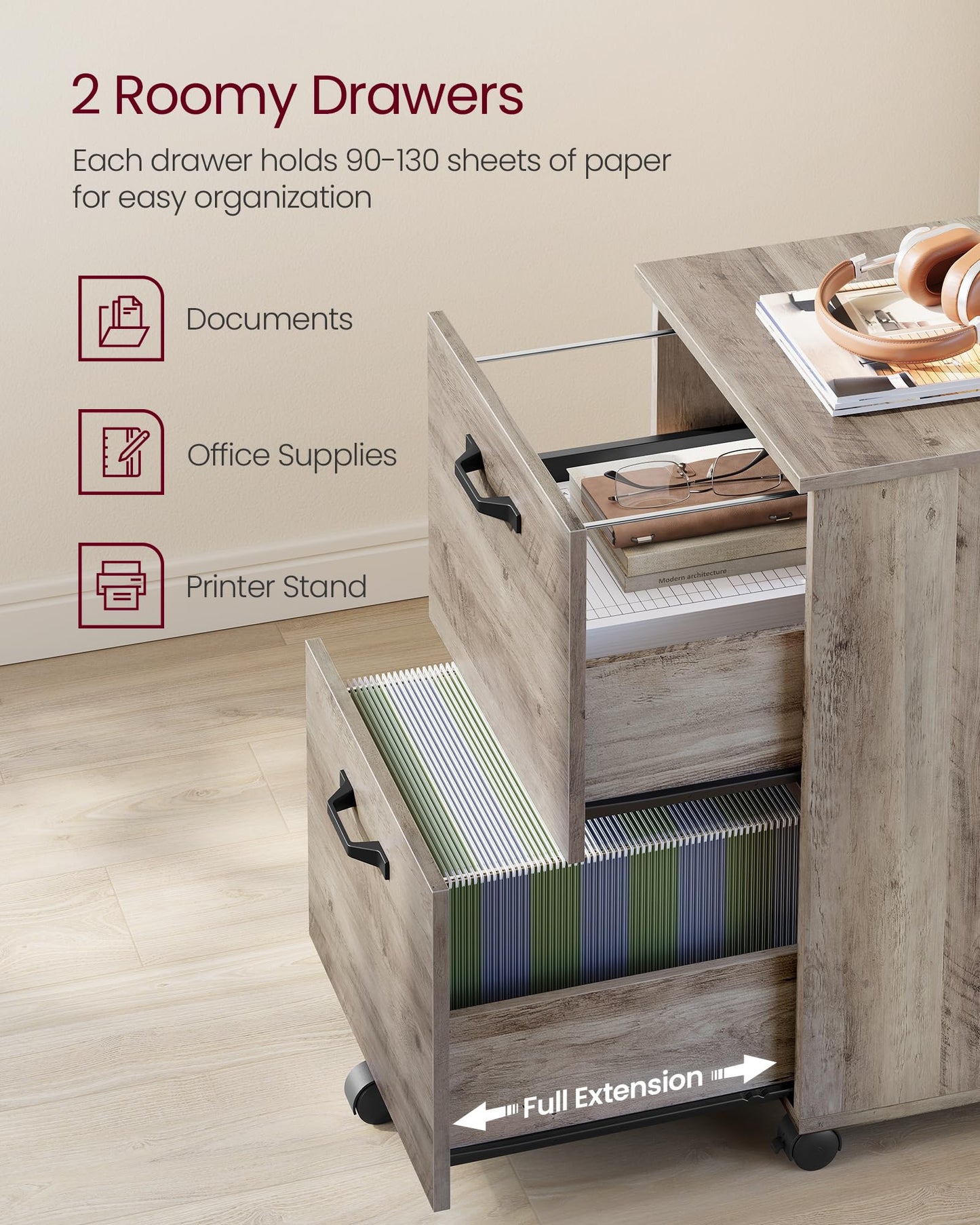 VASAGLE 2-Drawer File Cabinet, Small Rolling Filing Cabinet for Home Office, Printer Stand, for A4, Letter-Size Documents, 15.7 x 16.5 x 27.6 Inches, Heather Greige UOFC040LK02S