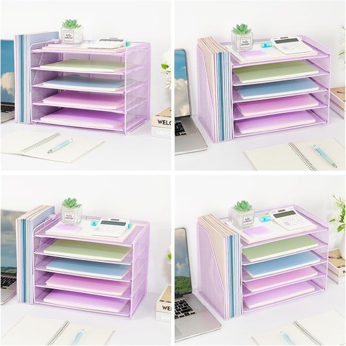OPNICE Desk Organizer - 5-Tier Paper Tray with Magazine Holder | Purple Office Supplies Storage