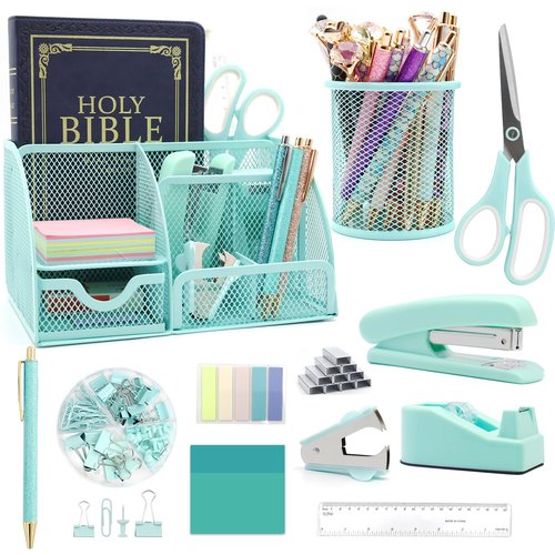 12 in 1 Green Desk Organizers & Accessories Set, Office Supplies Include Stapler, Pen Holder, Tape Holder, Scissors, Ruler, Staple Remover for Home & School