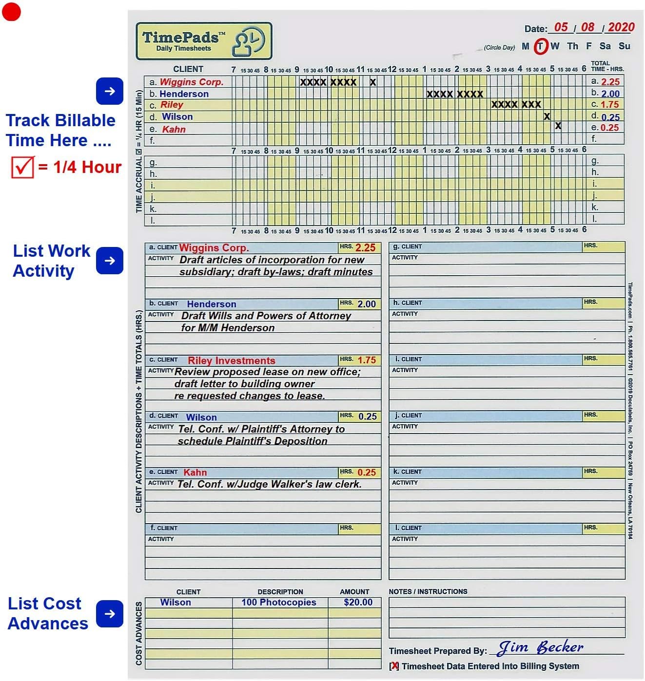 "Check-The-Box" Time Sheets for Lawyers. Effortless Timekeeping for Attorneys. (Pad of 50 Time Sheets). 8.5x11". Made in USA.