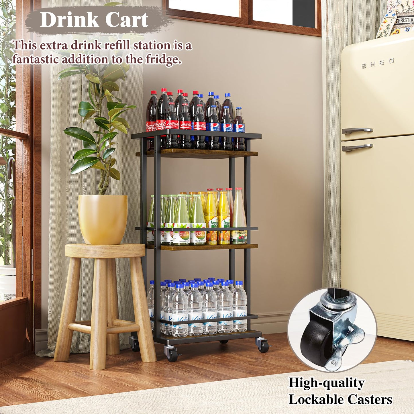 OKZEST 3 Tier Bar Cart for Home, Rolling Mini Liquor Bar for Wine Beverage Dinner Party, Utility Kitchen Storage Island Serving Cart on Wheels, Coffee Bar Cabinet for Kitchen Dining Living Room, Brown