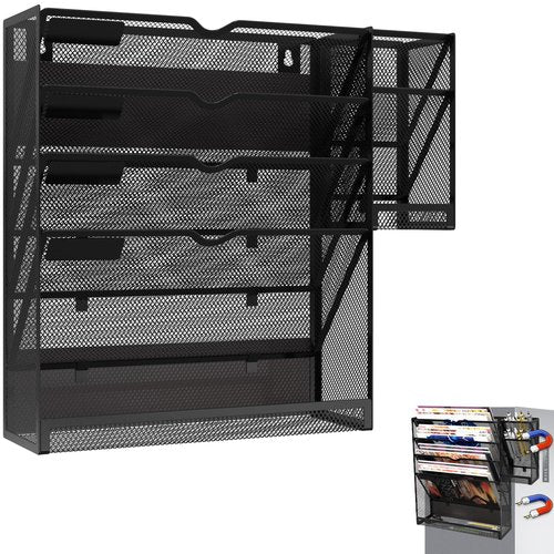 KZWKRG Magnetic File Holder, Magnetic File Organizer Wall Mount, 5 Tier Hanging Mail Organizer Folder Holder, Mesh Desk Accessories and Organizers, Paper Document Magazine Rack with 3 Pen Holder