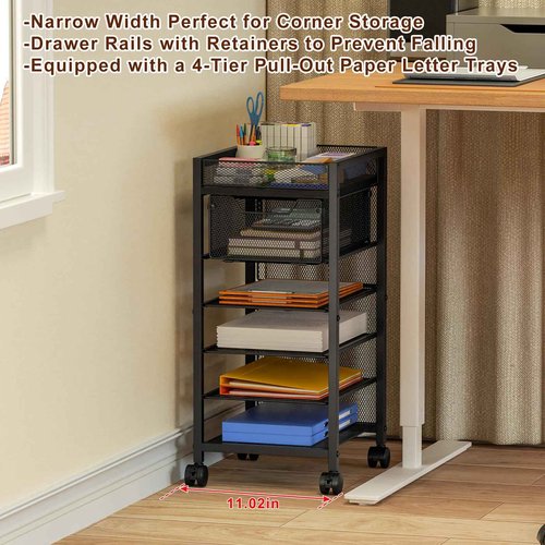 keomaisyto Under Desk Storage Slim File Cabinet, 6-Tier Rolling File Cart with Paper Letter Tray & Drawer, Standing Paper Organizer with Wheels, Narrow Desk Organization for Home Office Workspace