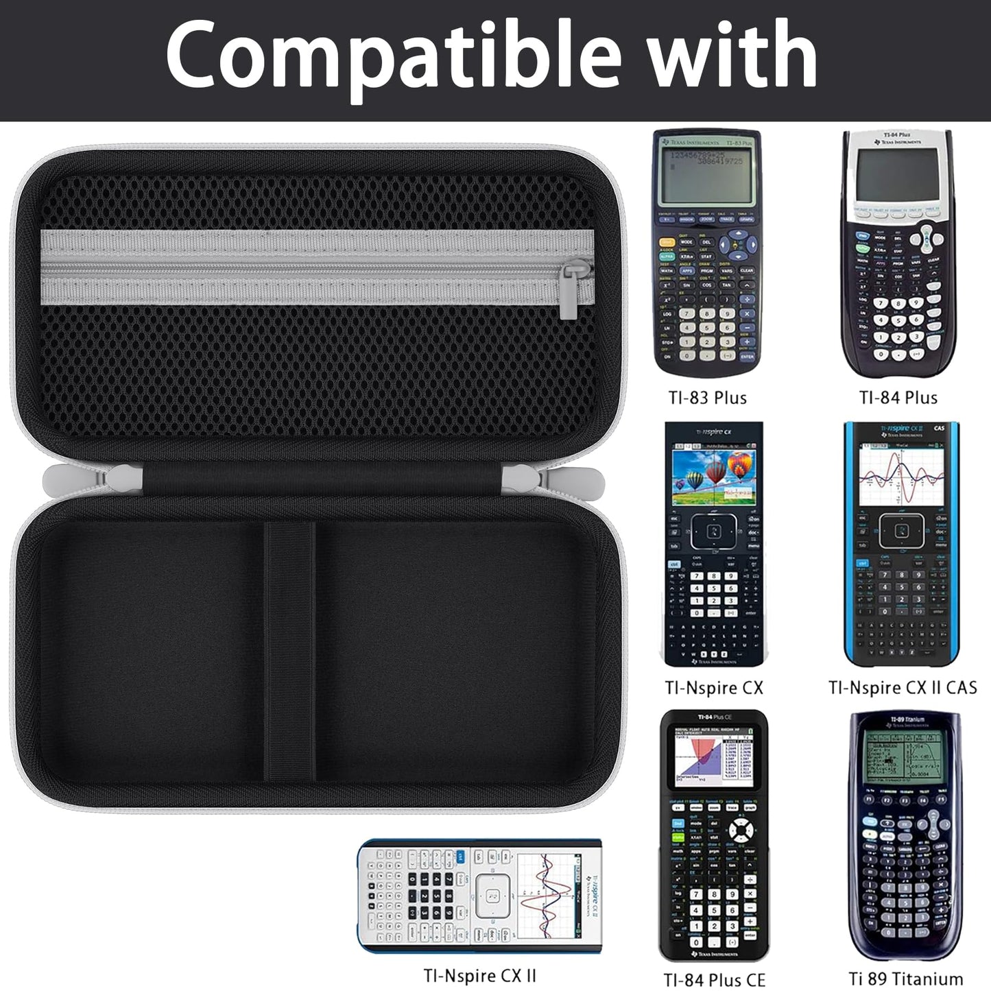 Baval Calculator Case Compatible with Texas Instruments TI-84 Evo/TI-84 Plus CE/TI-84 Plus/TI-Nspire CX II CAS/TI-Nspire CX II/TI-83 Plus Color Graphing Calculator(Black Case,White Zipper)
