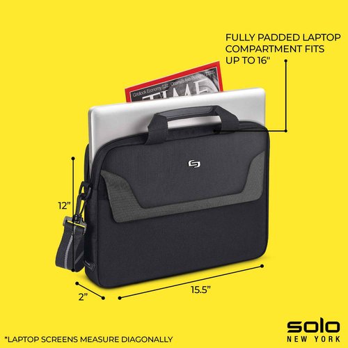 Solo New York Briefcase - Laptop Carrying Bag for Women & Men, Brief for Travel & Work, Full Length Front Pocket, Adjustable Shoulder Strap, Fits 16" Computer - Flatiron Slim, Black