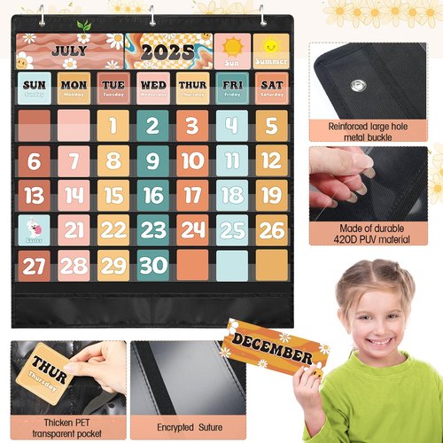 Pasimy Classroom Calendar Pocket Chart Retro Groovy Bulletin Board Set Boho Daisy Seasons Festival Weather Calendar Set for Classroom Decoration Back to School Supplies(Classic)