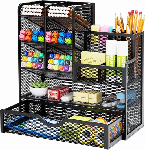 Marbrasse 360-Degree Rotating Pen Holder - Stylish Mesh Design with Convenient Drawer