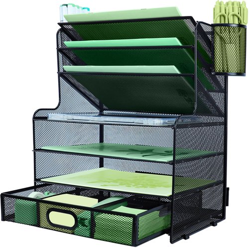 IOUGDSEC 7 Tier Desk File Organizer, Paper Tray Desk Organiser, Letter Tray Paper Organizer with Pen Holder and Metal Hanging Basket, Black