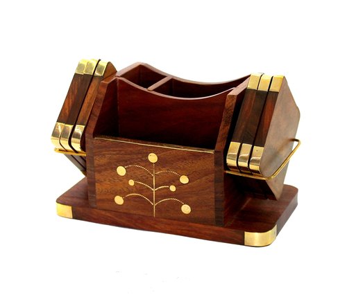 Stonkraft Wooden Rosewood Desk Organizer, Coasters Set, Pen Stand, Business Card Holder with Brass Work (Office Table Accessories)