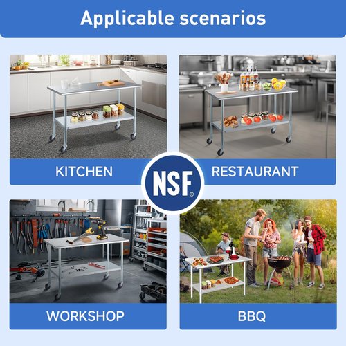 ROCKPOINT Stainless Steel Table for Prep & Work with Backsplash 14x24 Inches, NSF Metal Commercial Kitchen Heavy Duty Table with Adjustable Under Shelf and Table Foot for Restaurant, Home and Hotel
