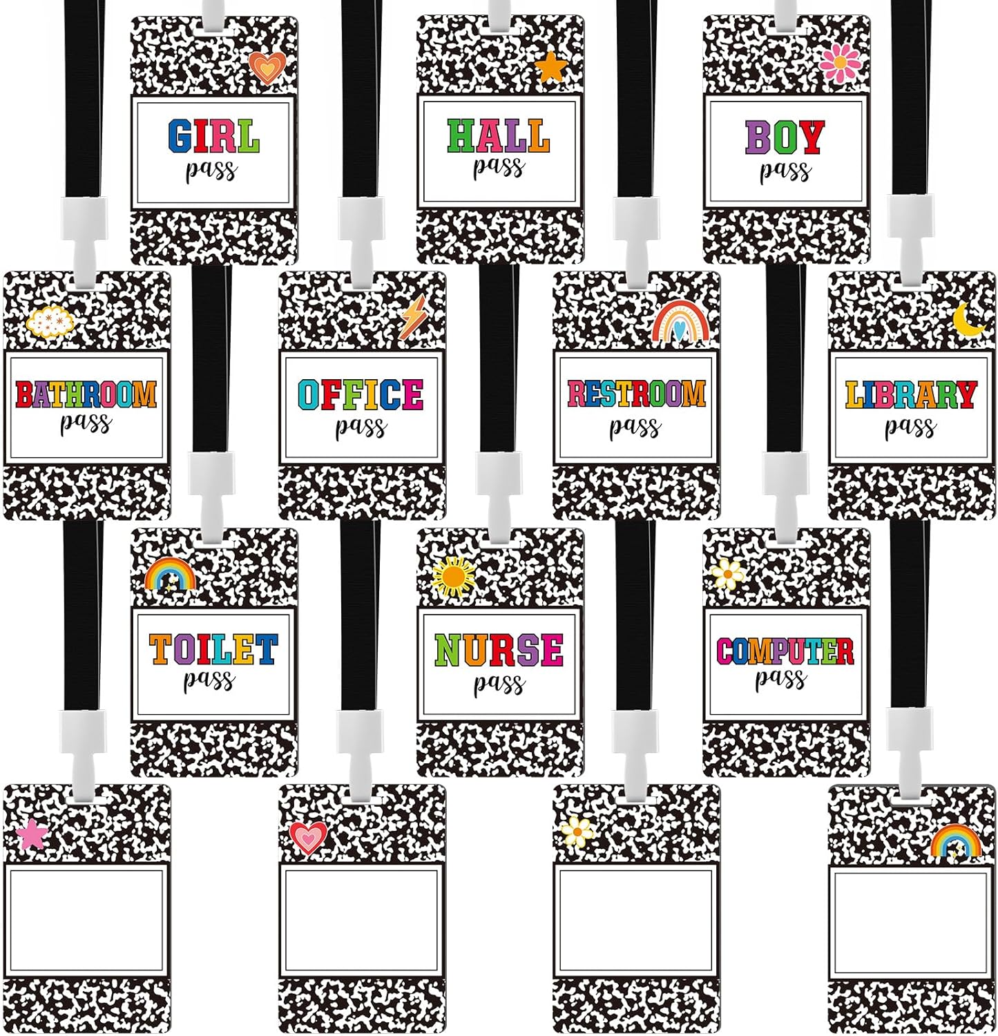 Skiennix Hall Pass Lanyards - Set of 14 Unbreakable PVC for Classroom, Office & Library Use