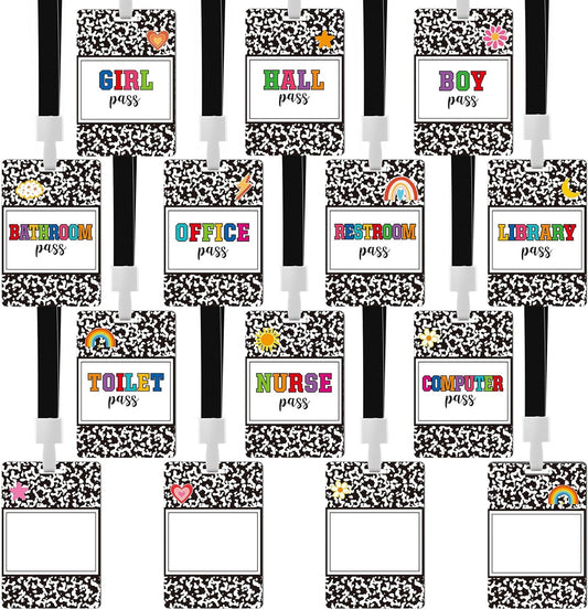 Skiennix Hall Pass Lanyards - Set of 14 Unbreakable PVC for Classroom, Office & Library Use