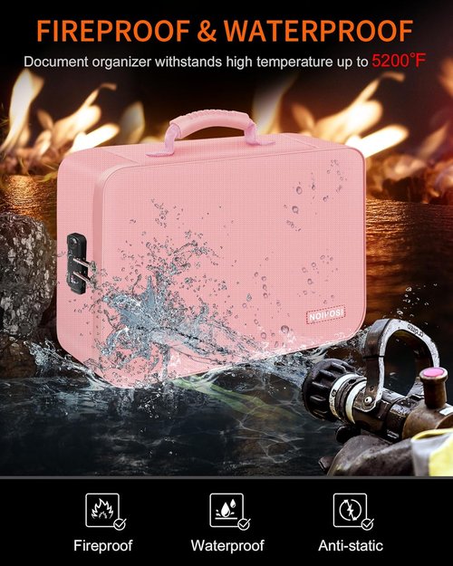 Noiposi Document Organizer - Waterproof & Fireproof Storage Box with 7 Pockets | Portable Pink Case