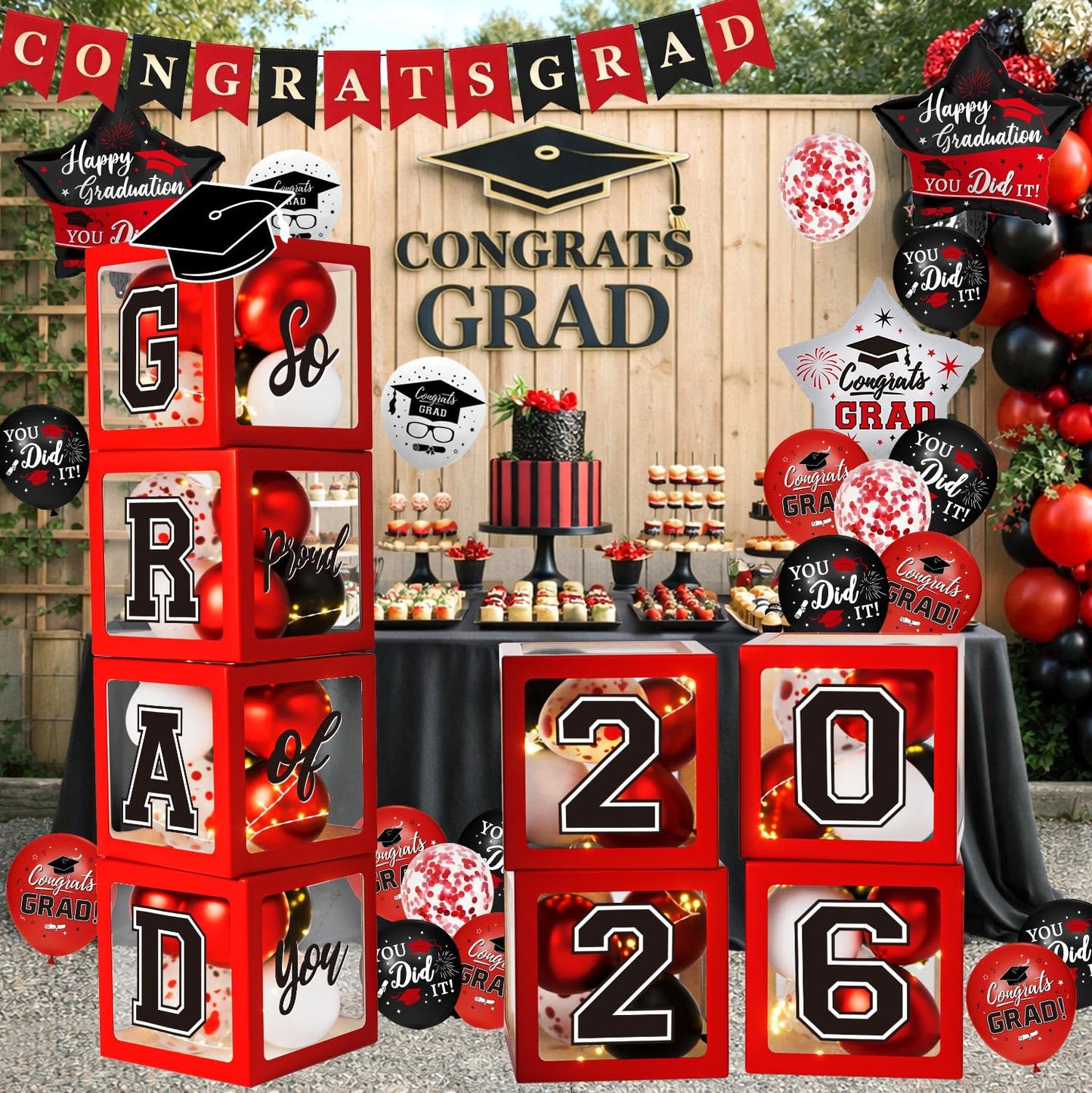 Graduation Decorations Class of 2026, Red and Black Graduation Decorations, Balloons Boxes (4PCS) with Letters 2026 GRAD So Proud of You, Congrats Grad Decorations for High School & College