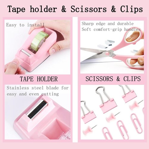 Regine Switzerland Pink Office Desk Accessories - 12-Piece Organizer Set with Tape Dispenser, Stapler & More