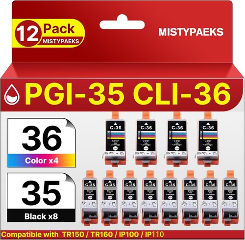 Canon PGI-35 CLI-36 Ink Cartridges Value Pack - 12 Pack Replacement for Pixma TR150, TR160, iP110, iP100, MINI260, MINI320 (8 Black, 4 Color)