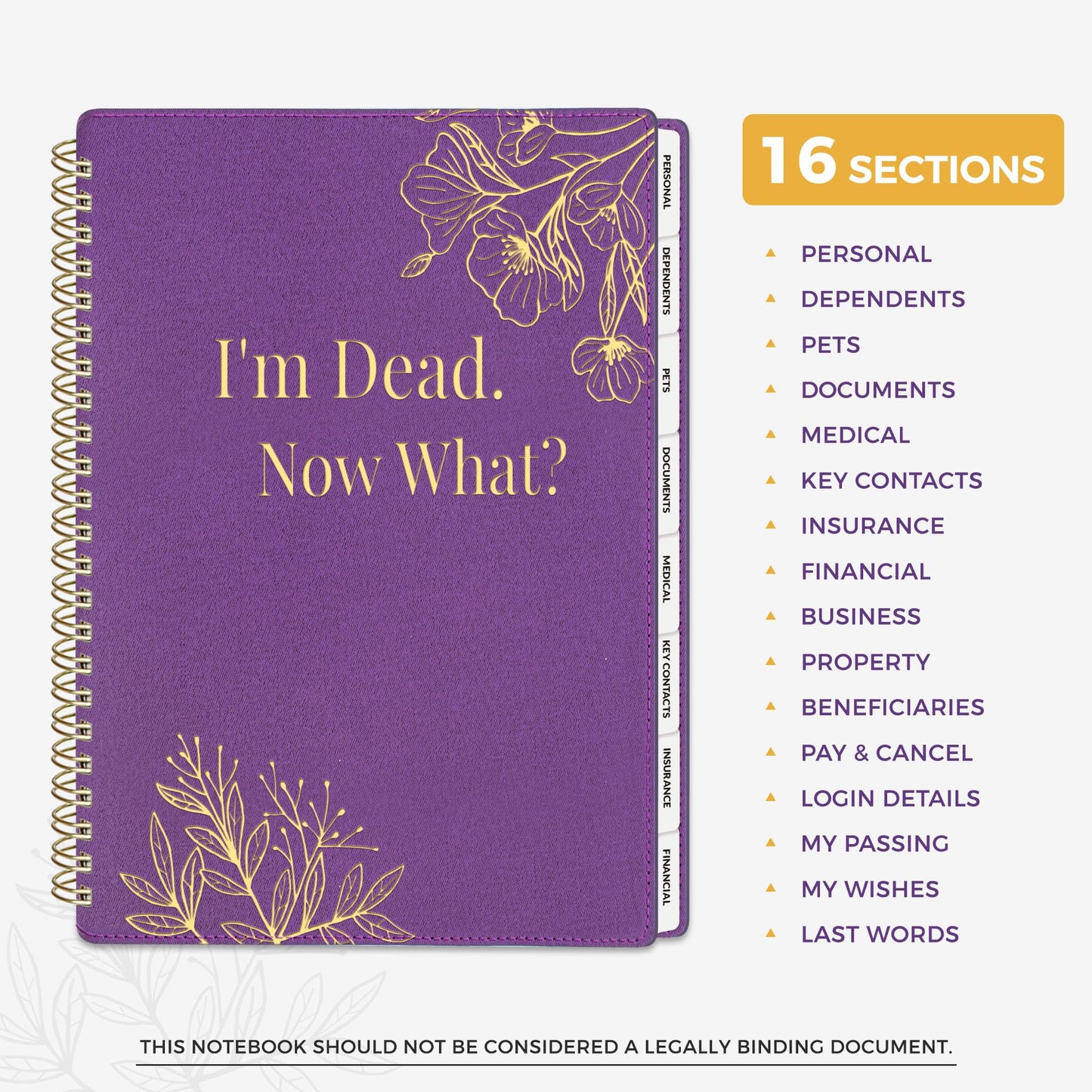 SUNEE End of Life Planner - I'm Dead Now What Planner for Seniors & Family Legacy, Large Print Spiral-Bound Estate Planning Organizer with Tabs - Final Wishes, Passwords & Funeral Planning, A4, Purple
