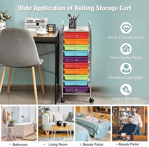 Giantex Plastic Boxes 10 Drawer Rolling Organizer Cart Utility Storage Tools Scrapbook Paper Multi-Use (Multicolor)
