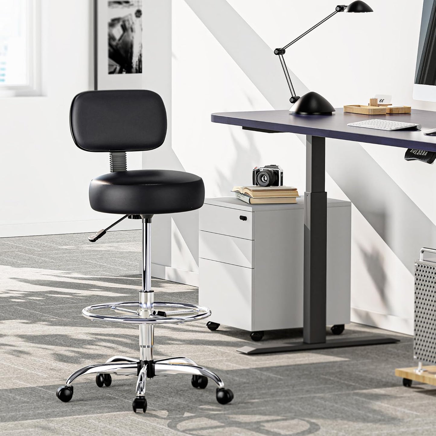 SUPERJARE Drafting Chair - Adjustable Rolling Stool with Foot Rest & Thick Cushion - Black