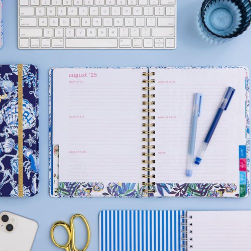 Lilly Pulitzer Large Monthly Planner August 2025 - December 2026, Monthly Agenda & Calendar, Stickers, Pockets, & Spiral Binding (Resort White Barefoot Beachcomber)