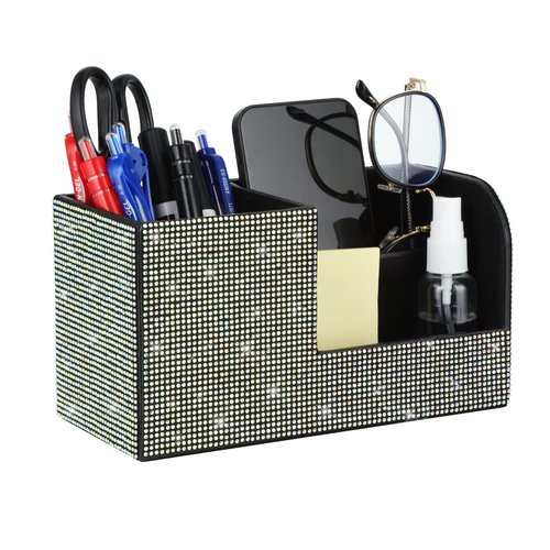 Desk Pen Pencil Holder Bling Pasted Rhinestones Paper Stationery Storage Box, Multi-functional Organizer for Pen,Pencil,Cell phone,Business Name Cards,Eye Glasses,Remote Control Holder (Color)