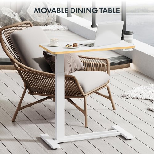 FLEXISPOT Mobile Standing Desk with Wheels Pneumatic Laptop Desk Rolling Computer Cart Movable Height Adjustable Small Sit Stand Desk Computer Workstations Home Use（27.6" W x 15.7" D,White+Maple
