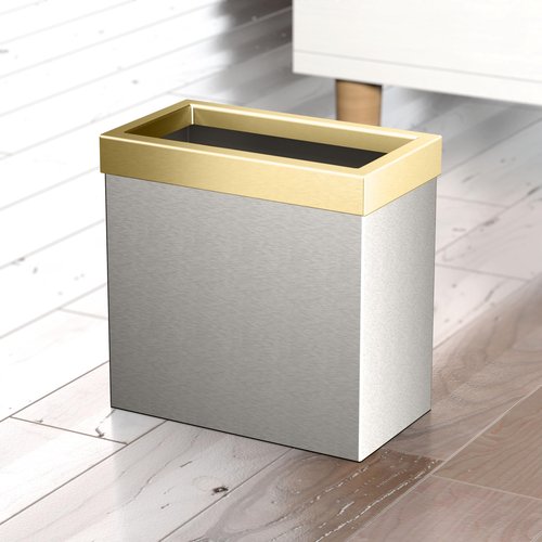 Gatco 1917B Modern Rectangle Waste Basket, Satin Nickel and Brushed Brass Combo / 11.25" H Open Top Stainless Steel Trash Can with Removable Lid, 12 Liter Capacity