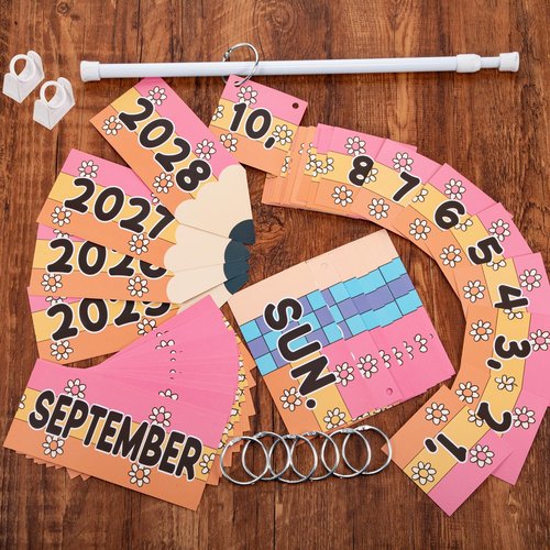 AmazingSpark Retro Pencil Shape Flip Calendar with Adjustable Calendar Holder and 54 Date Cards Classroom Set for Home Back to School Classroom Decoration Supplies (Disco)