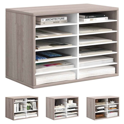Alpeir Literature Organizer 12 Slots Wooden Mailboxes for Classroom Office Mail Organizer Countertop Vertical File Sorter with Adjustable Shelves Heavy Duty Office Mailbox Cubbies, Retro Grey/White