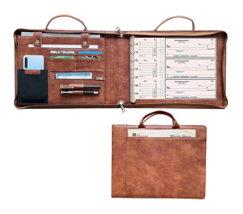 Gvalant 7 Ring Check Binder Vegan Leather Portfolio for 3-Up Business Size Checks, with Handle and Zippered Briefcase with 500 Check Capacity，9 x 13 inch Sheets