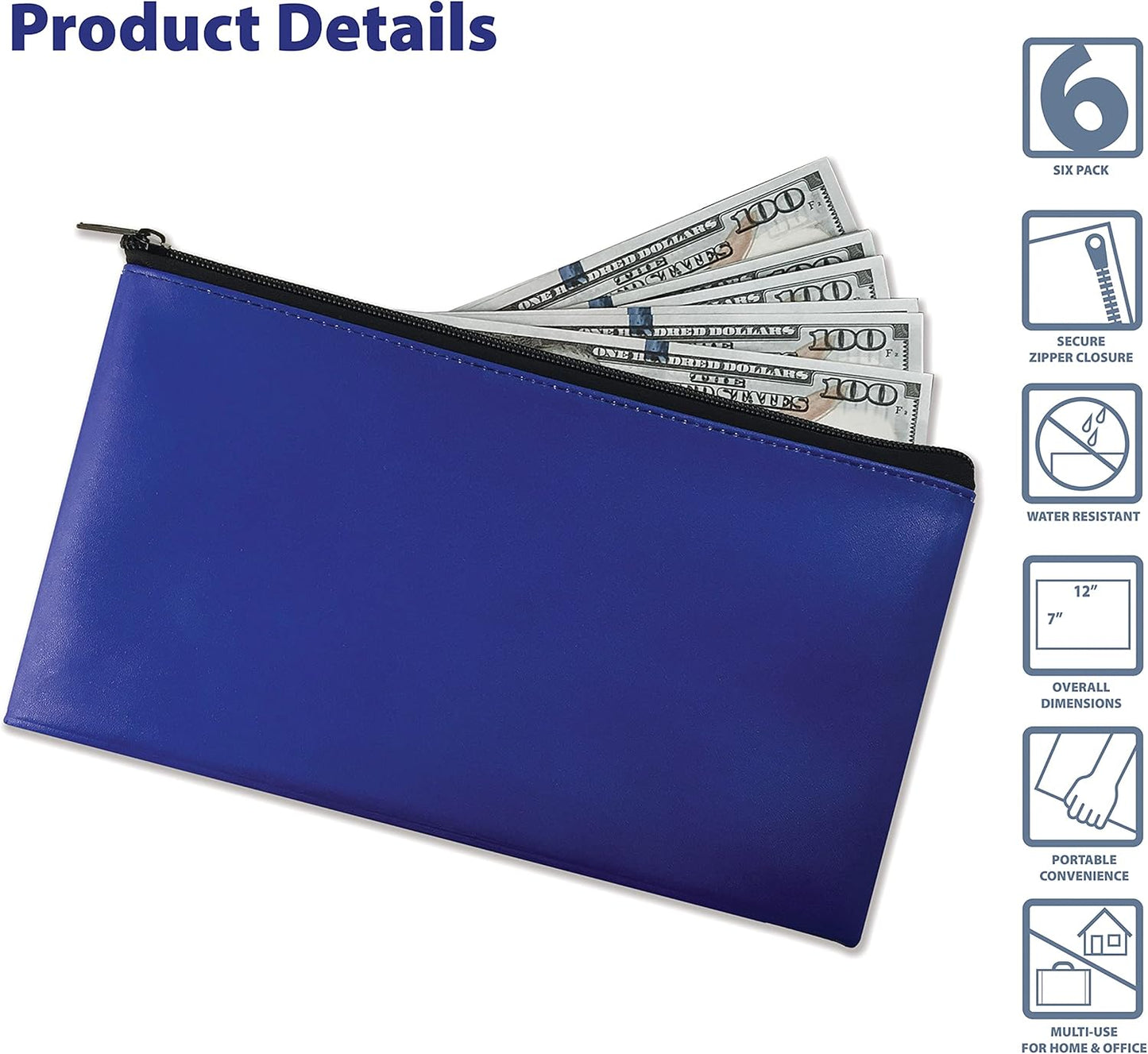Better Office Products Zippered Security Bank Deposit Bag - Leatherette Cash & Coin Utility Pouch | Blue, 6 Pack