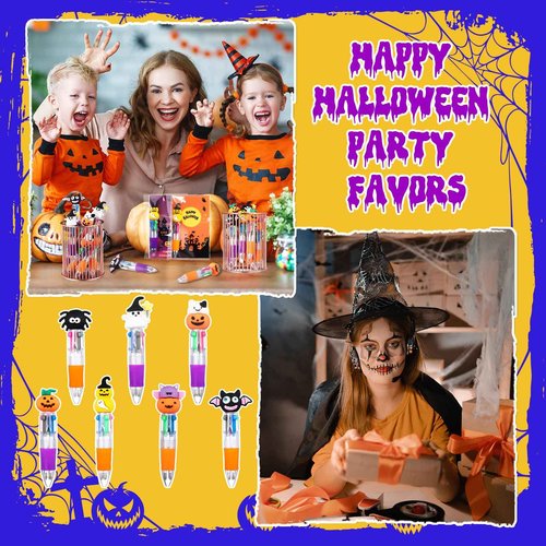 Gilprop 100 Set Multicolor Halloween Retractable Ballpoint Pens 0.7 mm 4-in-1 Halloween Pumpkins Writing Pen with Gift Card Bags for Trick or Treat Party Favors Students Kids School Office Gifts