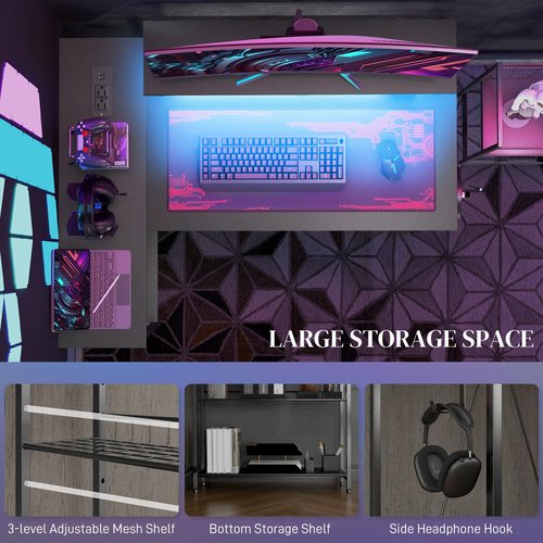 Zentrava 42" L Shaped Computer Desk, Corner Gamer Table with LED Lights, USB Charging Ports, Power Outlet, Reversible L Shaped Computer Desk with Storage Shelves and Monitor Stand (Black)